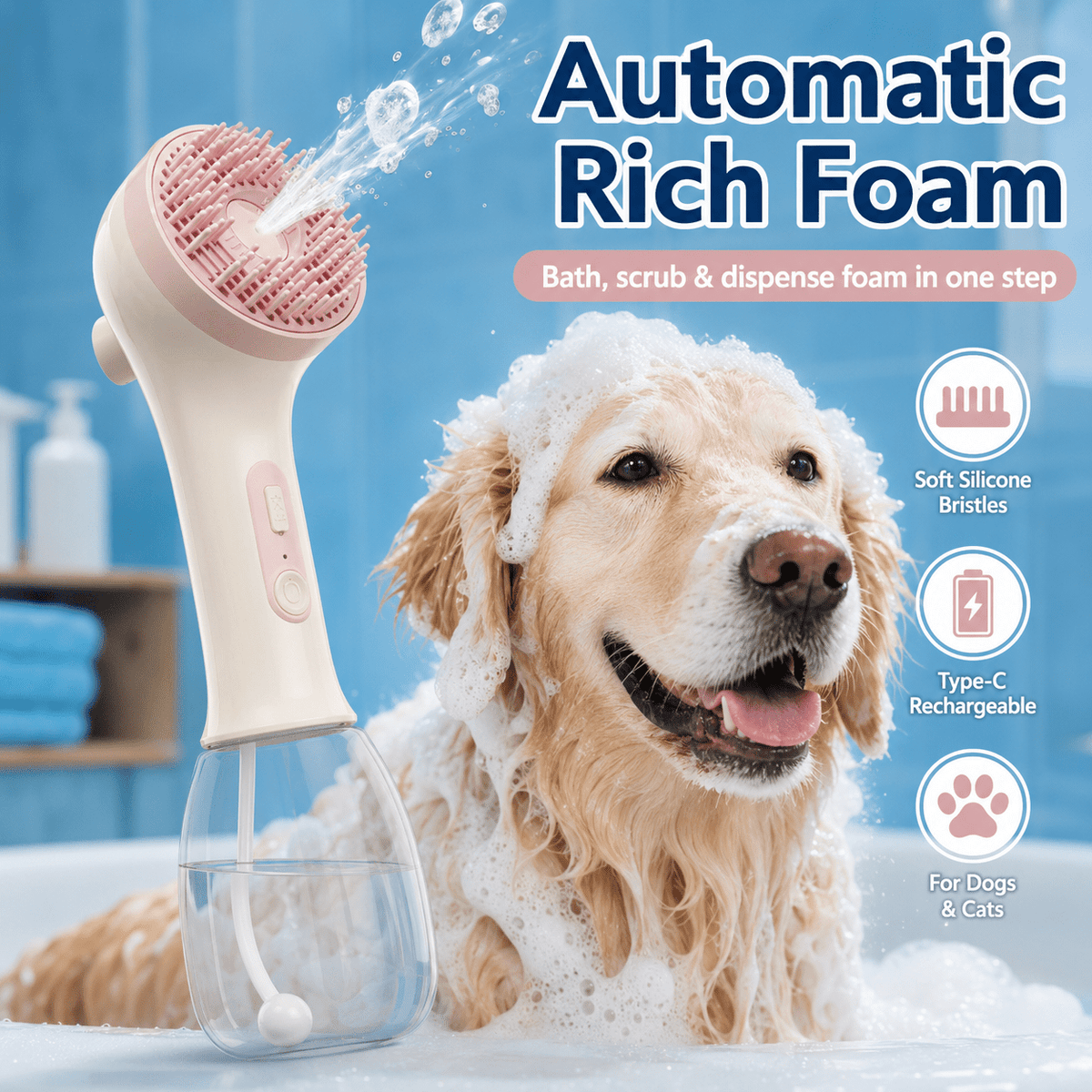 ULTREMA Pet Bath Brush with Automatic Foaming, Dog & Cat Shower Scrubber Comb, Soft Silicone Grooming Brush with Shampoo Dispenser, Handheld Pet Washer for Small Medium Large Pets - Image 3