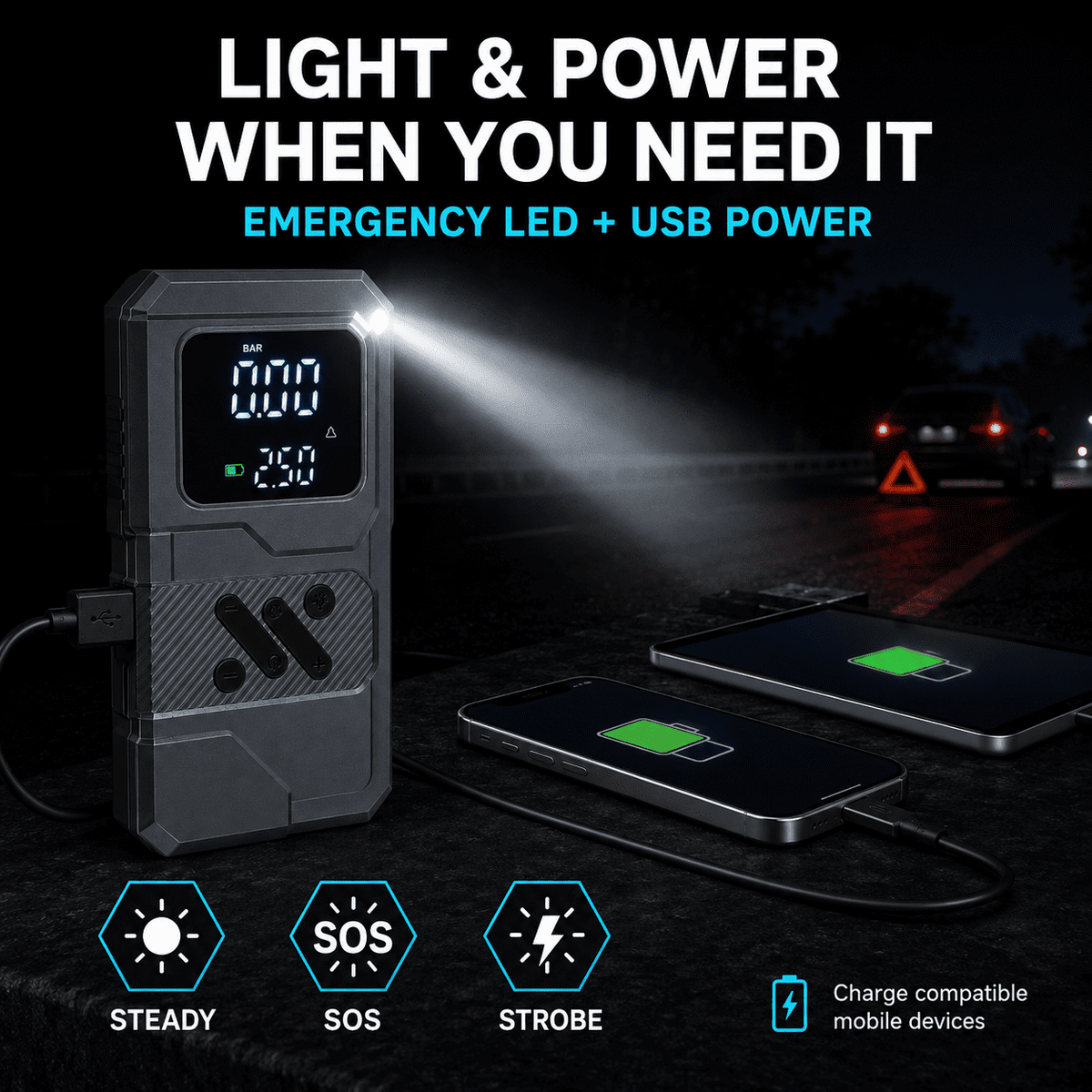 ULTREMA Portable Car Jump Starter with Air Compressor, 8000mAh 12V Auto Battery Booster Pack & Tire Inflator, 4-in-1 Jump Box, Power Bank & LED Light for Gas Engines, Motorcycle - Image 14