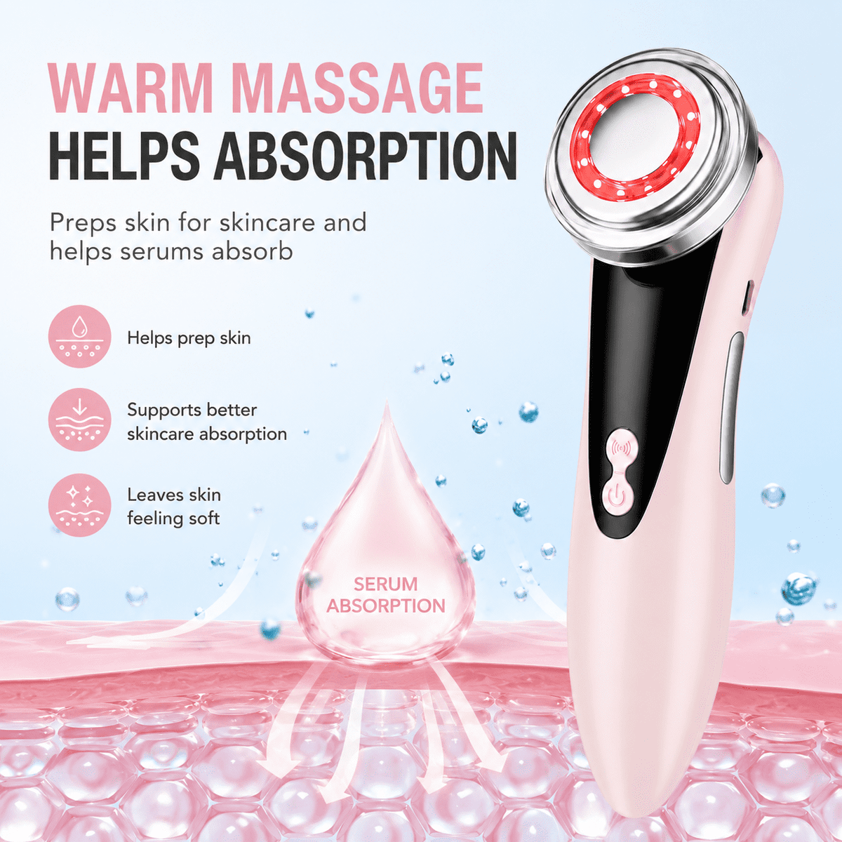 ULTREMA 4-in-1 Facial Care Device, Rechargeable Warm Facial Massager with Red & Blue Light Modes, Sonic Vibration Cleansing Tool for Face, Eye Area & Skincare Routine, Pale Pink - Image 3