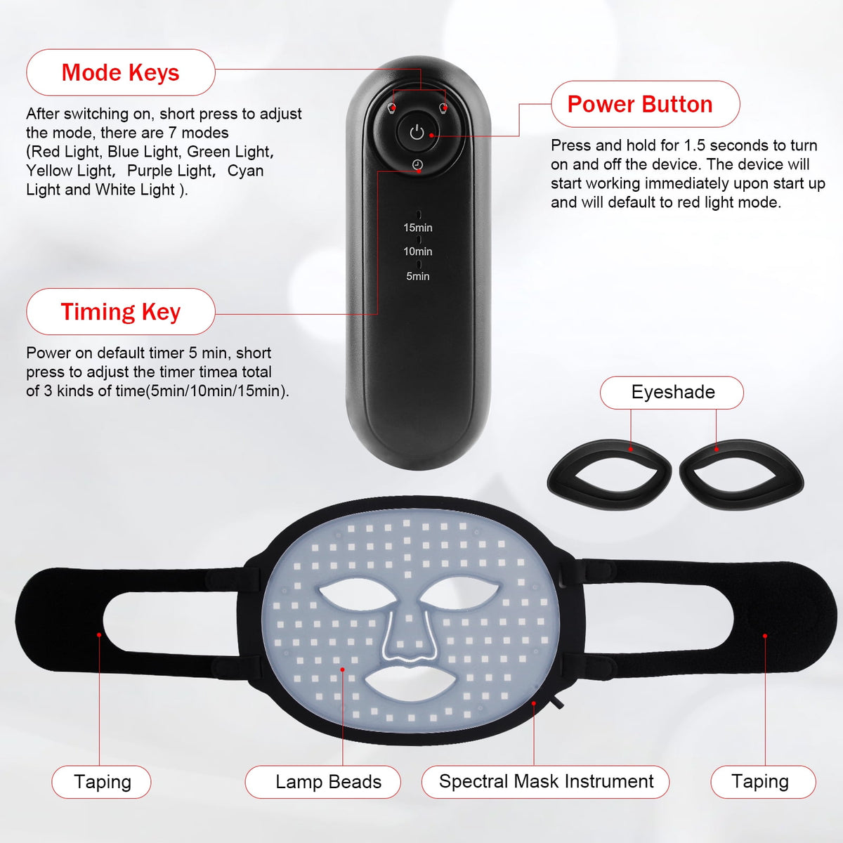 ULTREMA LED Face Mask, 7 Color Light Therapy Facial Mask with 288 LEDs, Soft Silicone Skin Care Mask with Wired Controller, Eye Inserts and 5/10/15 Min Timer, Black - Image 10