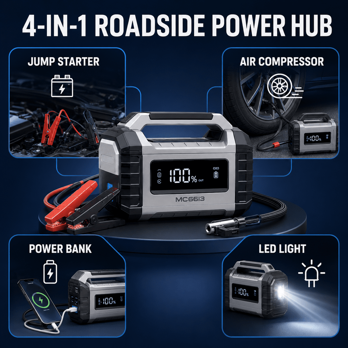 ULTREMA Portable Car Jump Starter with Air Compressor, 8000mAh 12V Auto Battery Booster Pack & Tire Inflator, 4-in-1 Jump Box, Power Bank & LED Light for Gas Engines, Motorcycle - Image 6