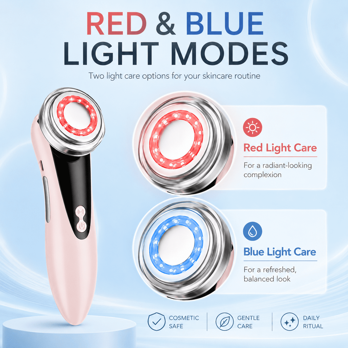 ULTREMA 4-in-1 Facial Care Device, Rechargeable Warm Facial Massager with Red & Blue Light Modes, Sonic Vibration Cleansing Tool for Face, Eye Area & Skincare Routine, Pale Pink - Image 4