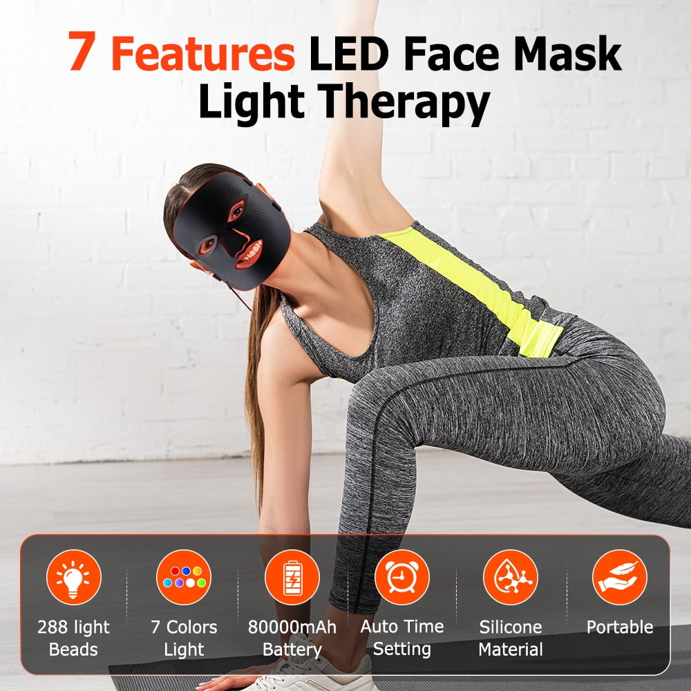 Red Light Face Mask, 7 Color Light Therapy Facial Mask with 288 LEDs, Soft Silicone Skin Care Mask with Wired Controller, Eye Inserts and 5/10/15 Min Timer, Black - Image 8