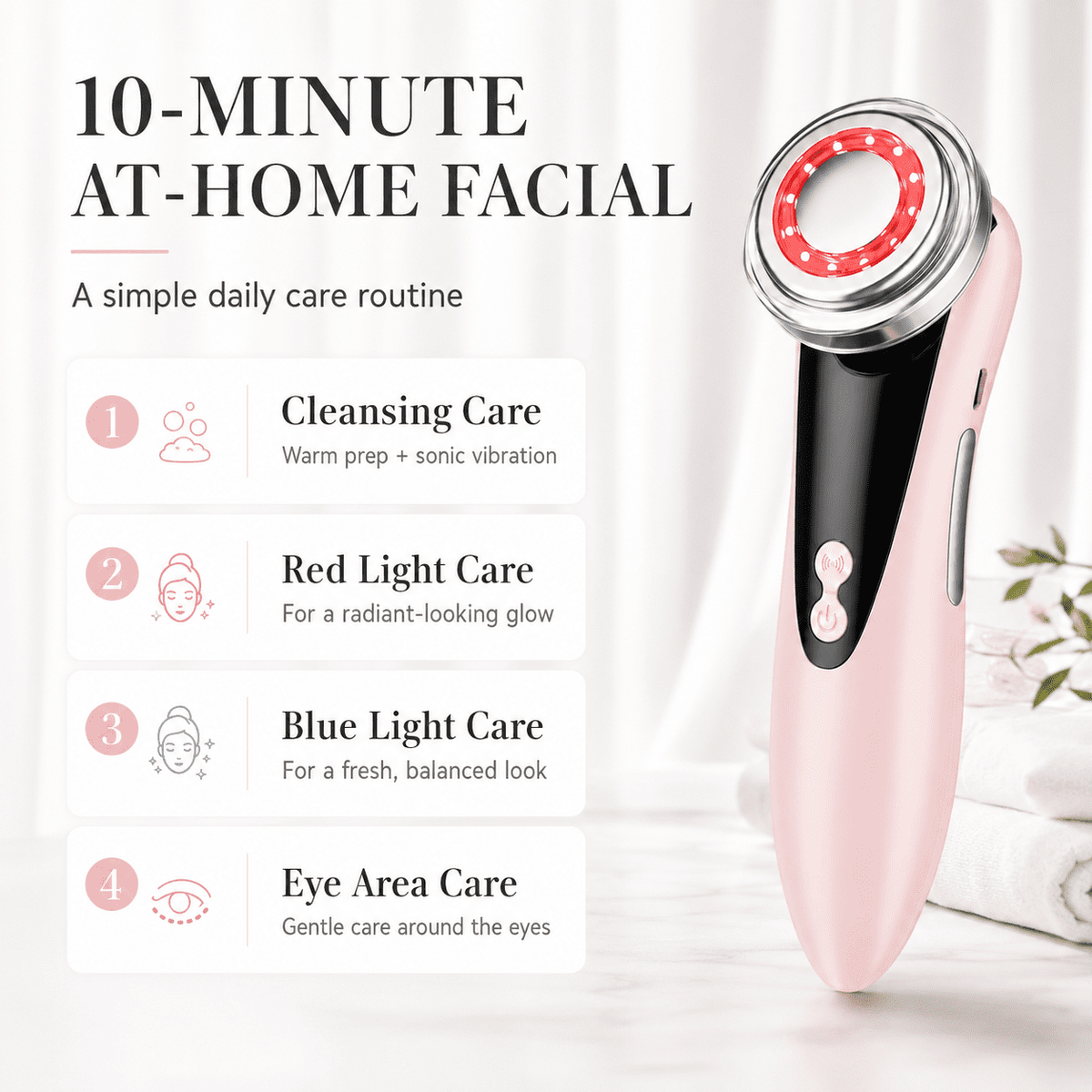 ULTREMA 4-in-1 Facial Care Device, Rechargeable Warm Facial Massager with Red & Blue Light Modes, Sonic Vibration Cleansing Tool for Face, Eye Area & Skincare Routine, Pale Pink - Image 5
