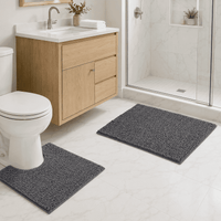 ULTREMA 2-Piece Chenille Bathroom Rug Set, Absorbent Bath Mat and U-Shaped Contour Rug, Non-Slip Backing, Machine Washable,Gery