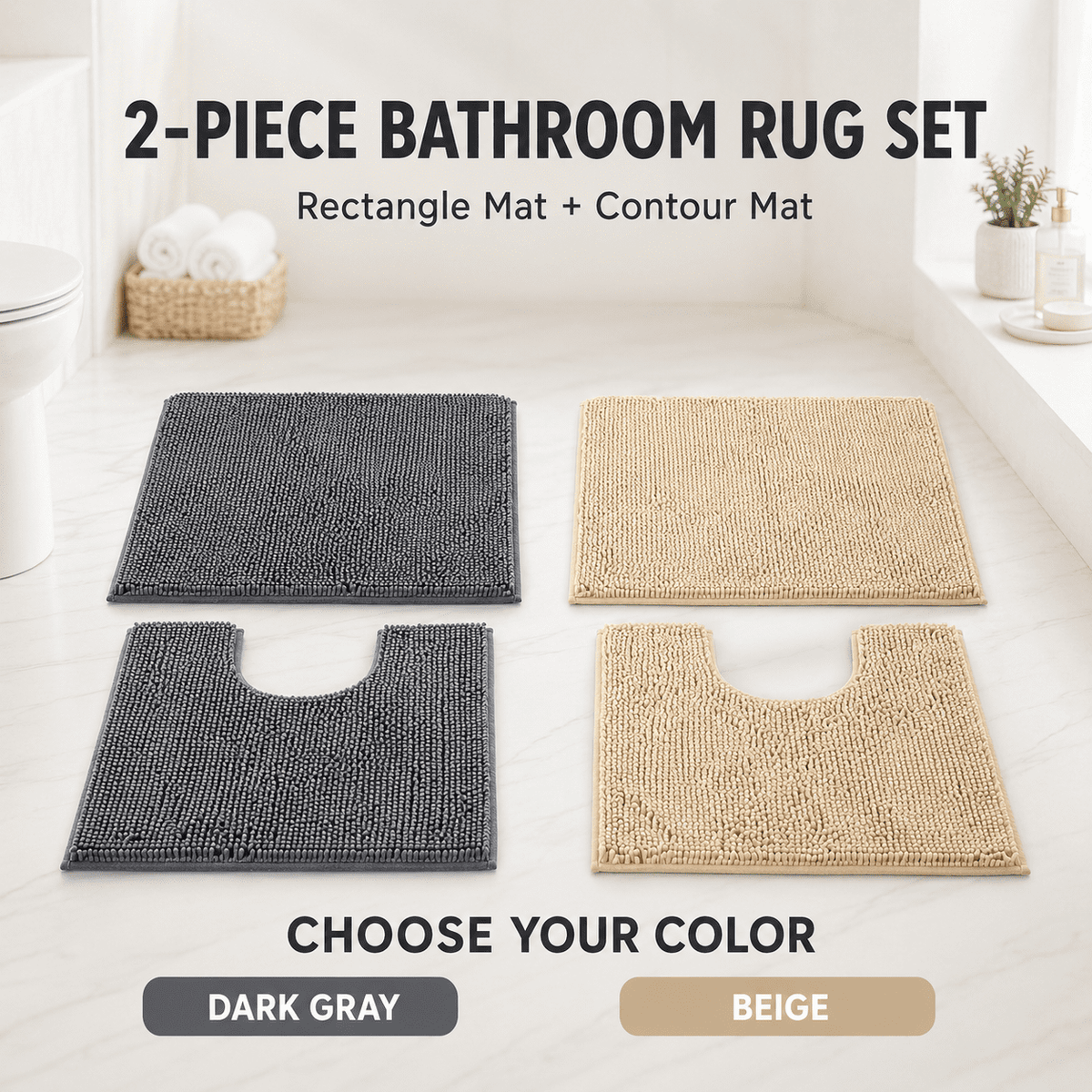 ULTREMA 2-Piece Chenille Bathroom Rug Set, Absorbent Bath Mat and U-Shaped Contour Rug, Non-Slip Backing, Machine Washable,Gery - Image 6