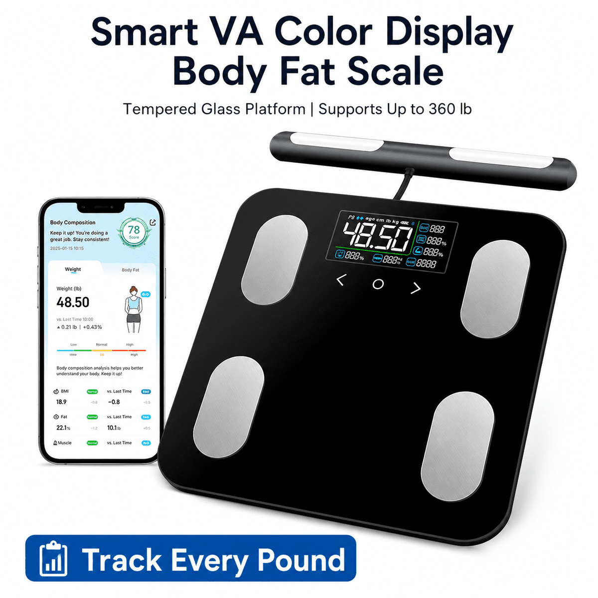 ULTREMA 8-Electrode Smart Body Fat Scale, Digital Bathroom Scale for Body Weight and BMI, High Accuracy Body Composition Analyzer with Large VA Color Display & Smartphone App, 400 lbs - Image 10