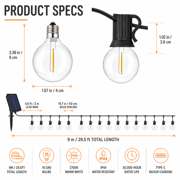 ULTREMA Solar String Lights Outdoor, 29.5FT 15 Bulbs,Patio Lights with Remote, 8 Modes, Warm White, IP44, Christmas Decor - Image 2