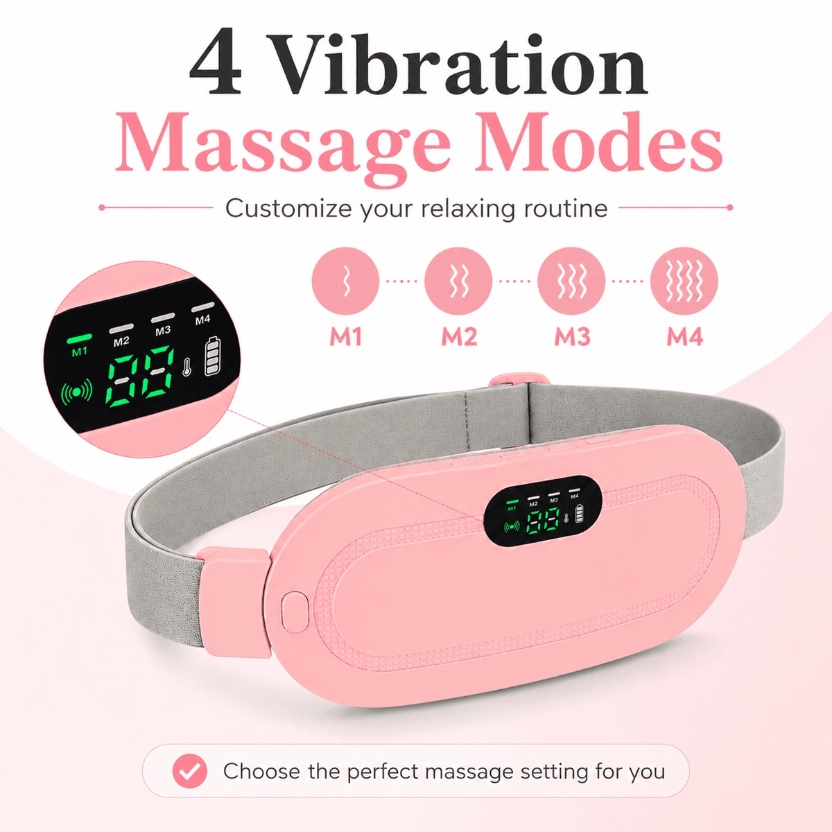 ULTREMA Portable Wearable Heating Pad for Belly, Back & Waist, 3 Heat Settings, 4 Vibration Massage Modes, Adjustable Warming Belt for Women, Pink - Image 2