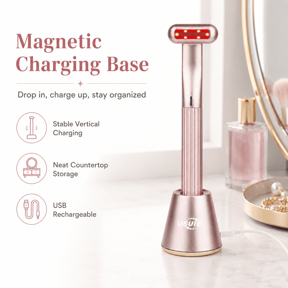 4-in-1 Facial Wand with Magnetic Charging Base, Red Light Therapy for Face and Neck, Microcurrent EMS Skin Tightening, Thermal Facial Massager for Anti-Aging & Wrinkle Reduction, Pink - Image 5