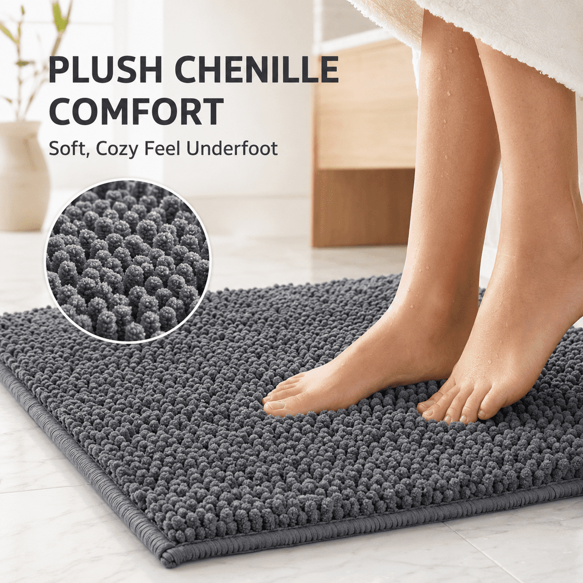 ULTREMA 2-Piece Chenille Bathroom Rug Set, Absorbent Bath Mat and U-Shaped Contour Rug, Non-Slip Backing, Machine Washable,Gery - Image 3