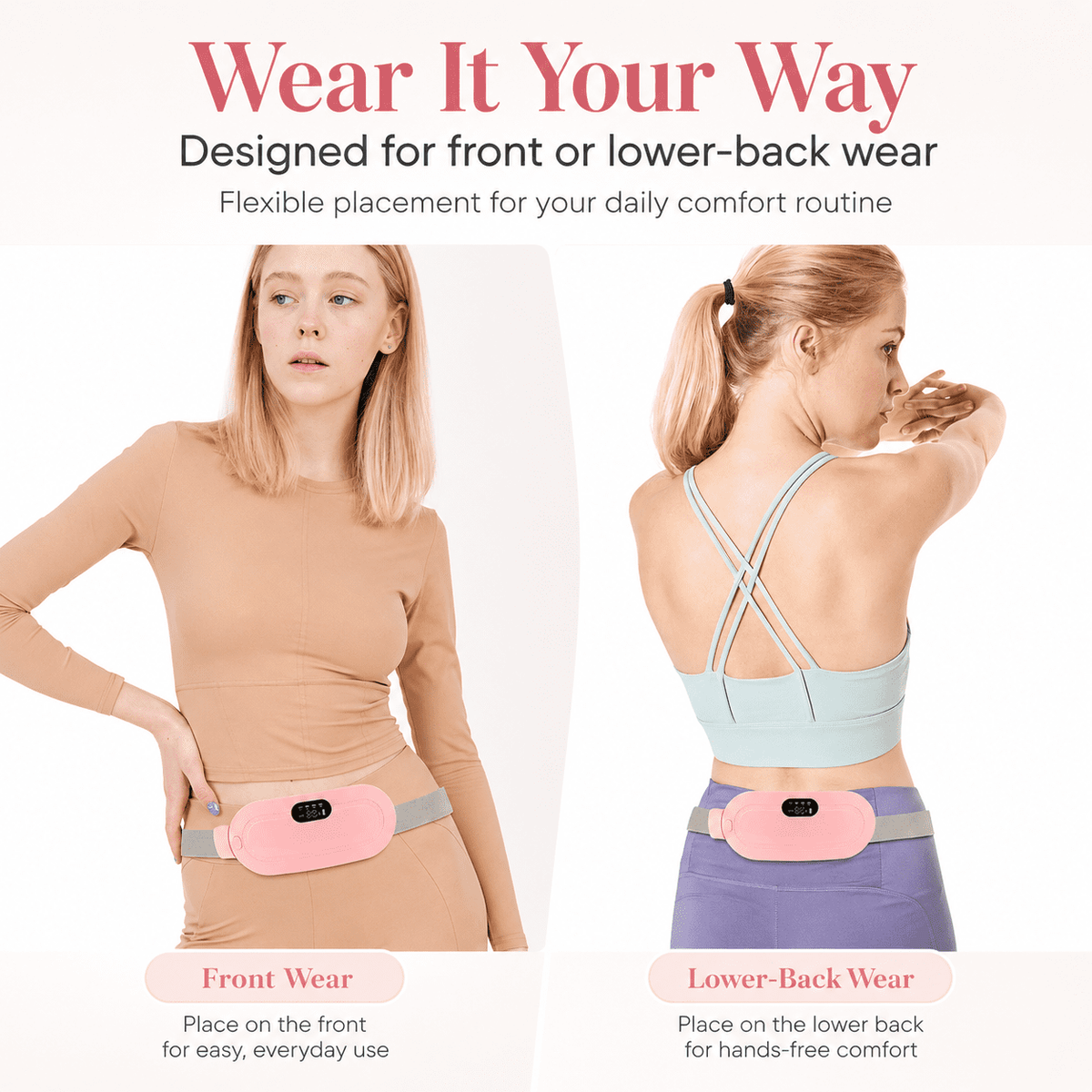 ULTREMA Portable Wearable Heating Pad for Belly, Back & Waist, 3 Heat Settings, 4 Vibration Massage Modes, Adjustable Warming Belt for Women, Pink - Image 3