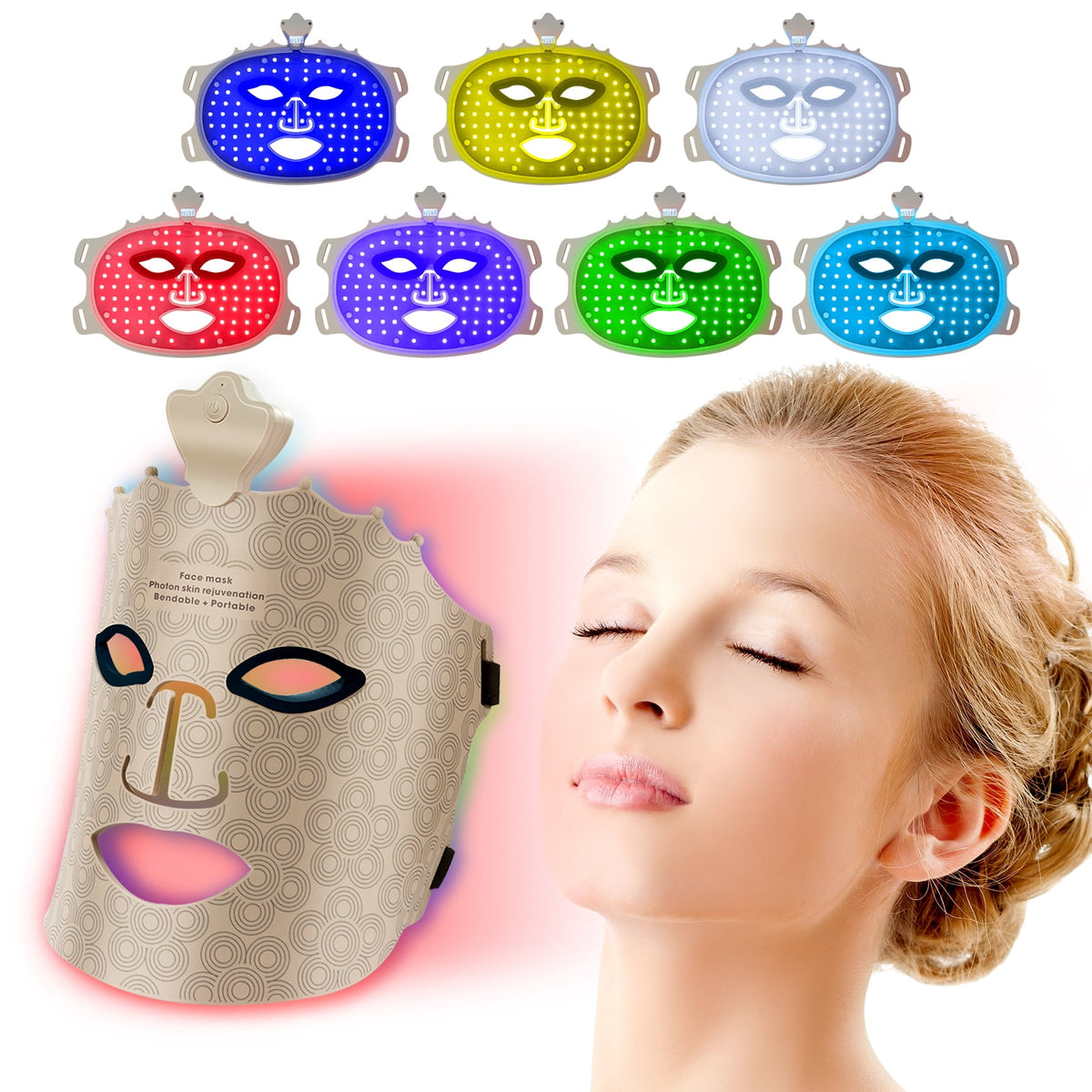 ULTREMA Red Light Therapy for Face, 7 Modes Led Face Mask Light Therapy with Remote, Portable Light Therapy Mask for Skin Care at Home, Travel (Beige)