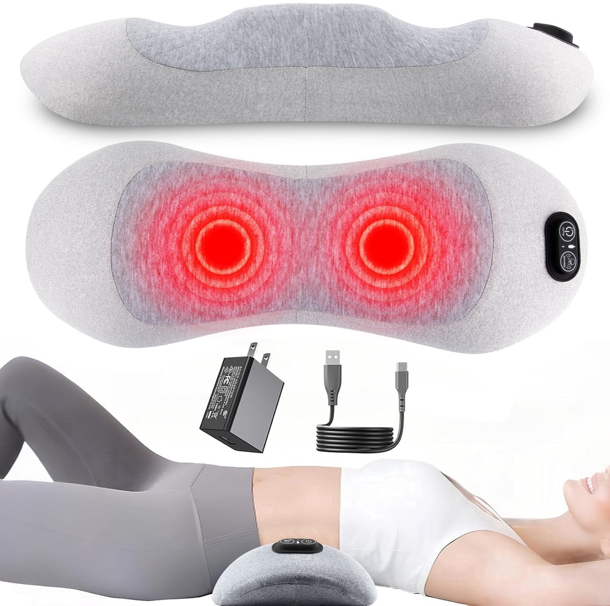 ULTREMA Cordless 3-in-1 Electric Lumbar Support Pillow with Heat, Vibration Massage and Adjustable Air Lift, Rechargeable Memory Foam Lower Back Cushion for Bed, Sofa and Office Chair, Light Gray