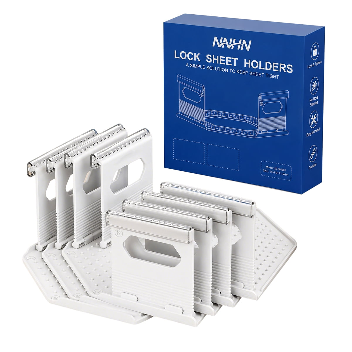 ULTREMA 4 Pack Bed Sheet Holders, Heavy Duty Locking Fitted Sheet Grippers for Mattress Corners, Sheet Fasteners for All Bed Sizes, White