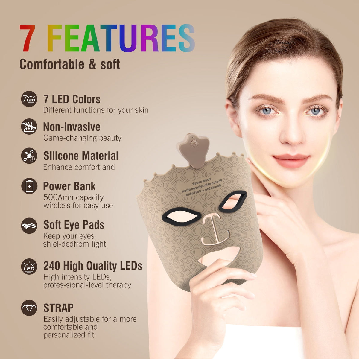 ULTREMA Red Light Therapy for Face, 7 Modes Led Face Mask Light Therapy with Remote, Portable Light Therapy Mask for Skin Care at Home, Travel (Beige) - Image 3