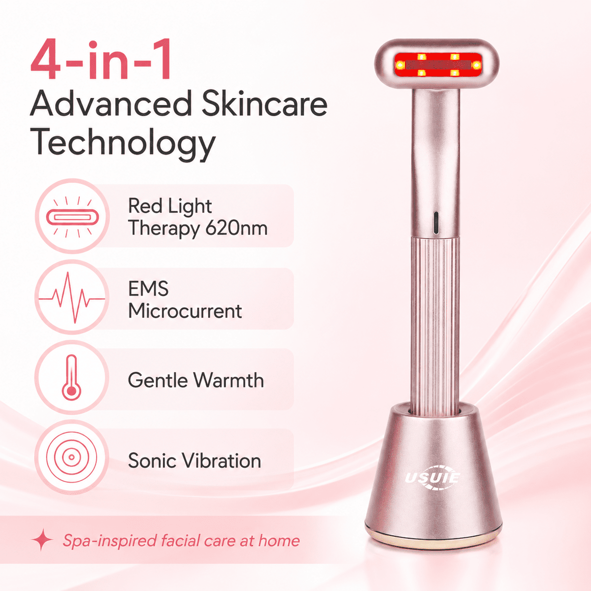 4-in-1 Facial Wand with Magnetic Charging Base, Red Light Therapy for Face and Neck, Microcurrent EMS Skin Tightening, Thermal Facial Massager for Anti-Aging & Wrinkle Reduction, Pink - Image 3