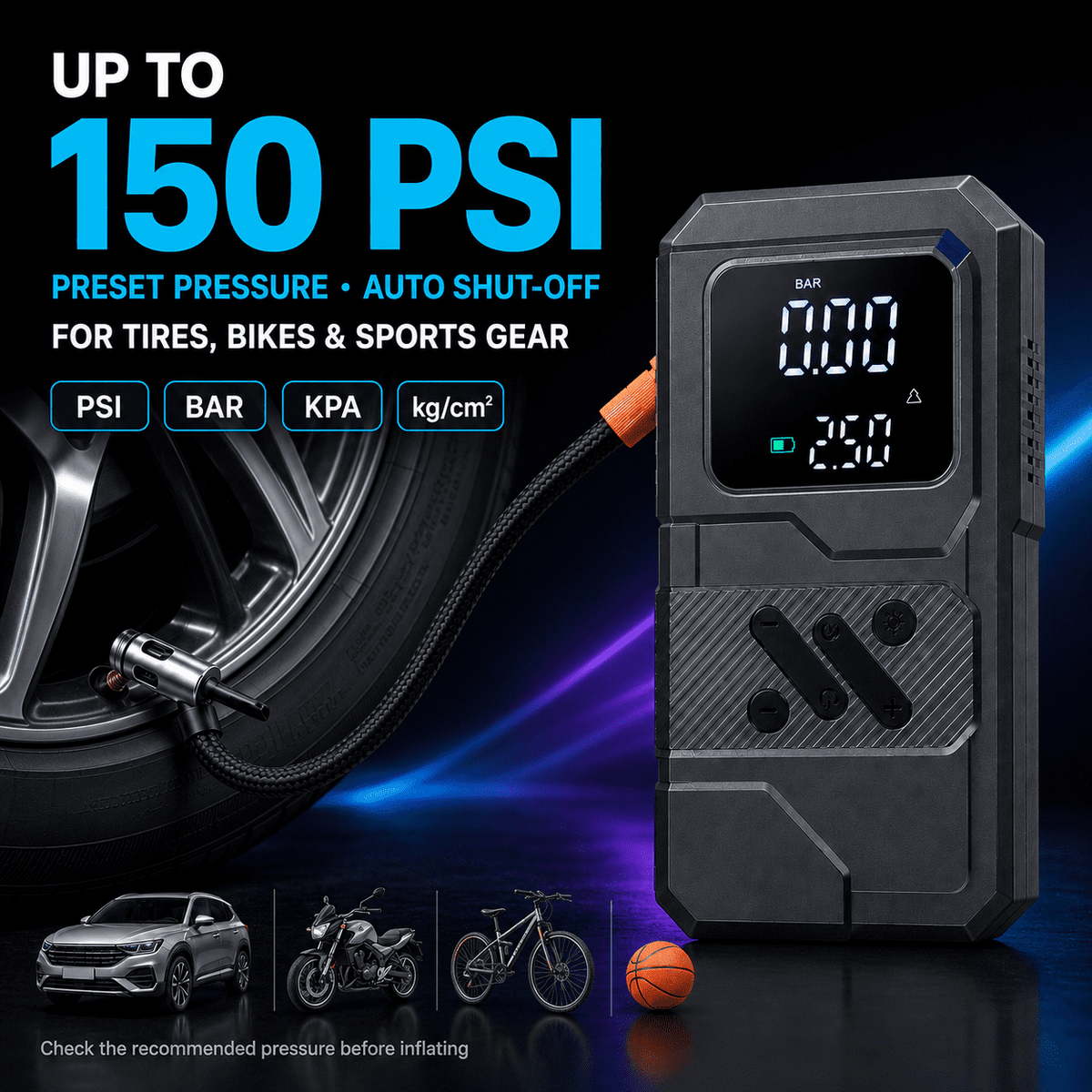 ULTREMA Portable Car Jump Starter with Air Compressor, 8000mAh 12V Auto Battery Booster Pack & Tire Inflator, 4-in-1 Jump Box, Power Bank & LED Light for Gas Engines, Motorcycle - Image 20