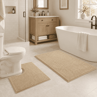 ULTREMA 2-Piece Chenille Bathroom Rug Set, Absorbent Bath Mat and U-Shaped Contour Rug, Non-Slip Backing, Machine Washable, Beige