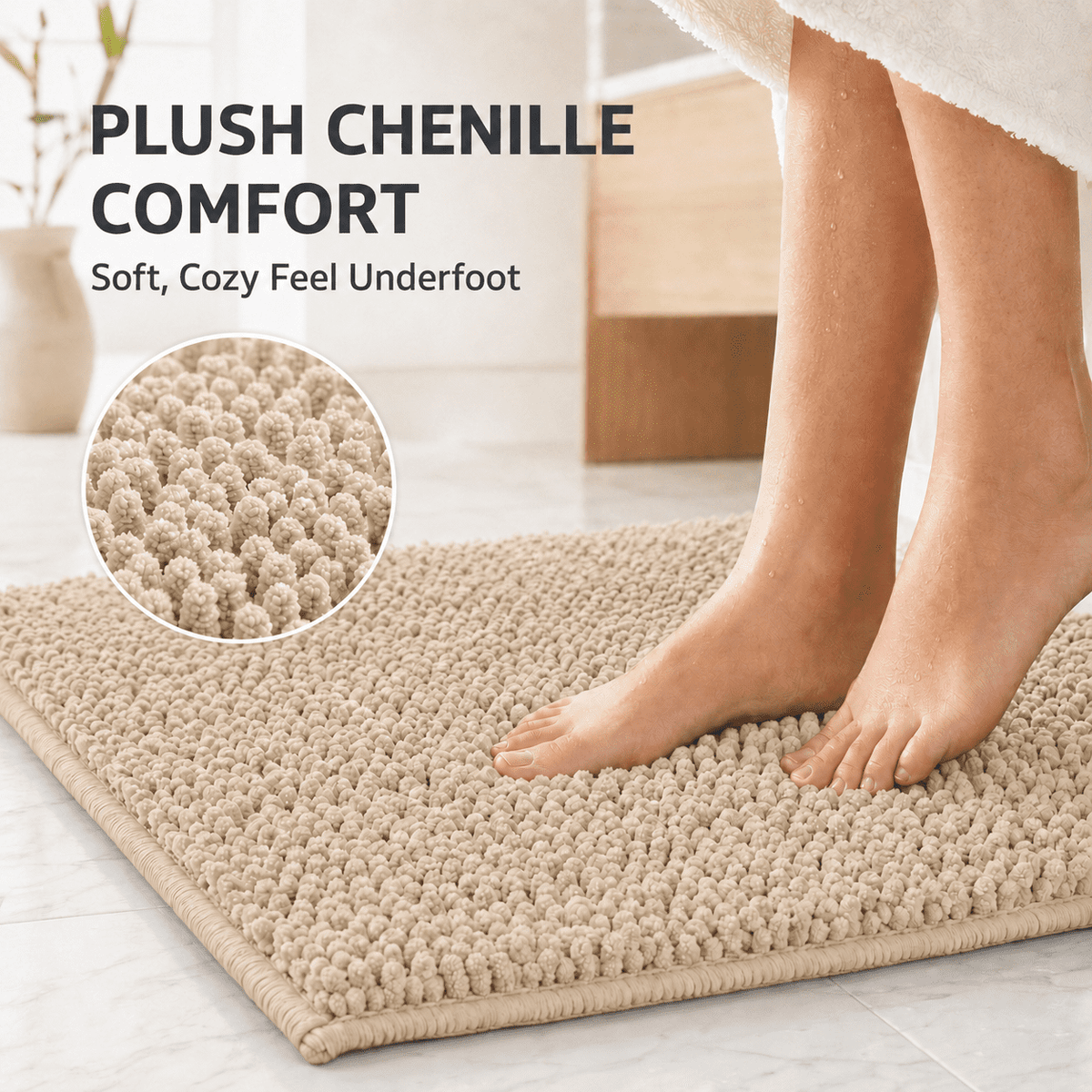 ULTREMA 2-Piece Chenille Bathroom Rug Set, Absorbent Bath Mat and U-Shaped Contour Rug, Non-Slip Backing, Machine Washable, Beige - Image 2