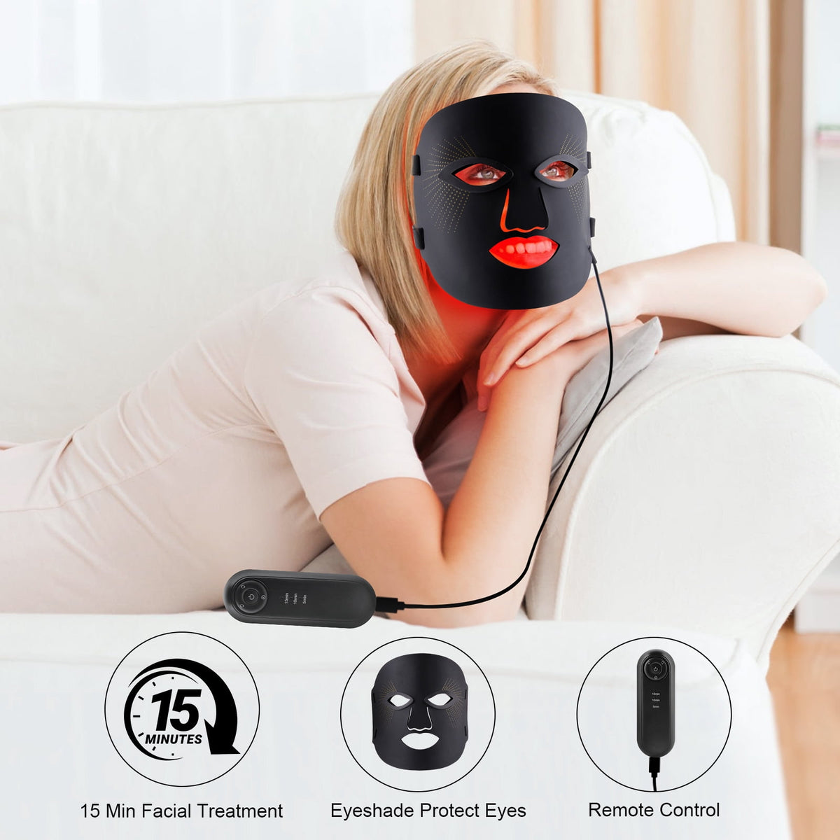 ULTREMA LED Face Mask, 7 Color Light Therapy Facial Mask with 288 LEDs, Soft Silicone Skin Care Mask with Wired Controller, Eye Inserts and 5/10/15 Min Timer, Black - Image 7
