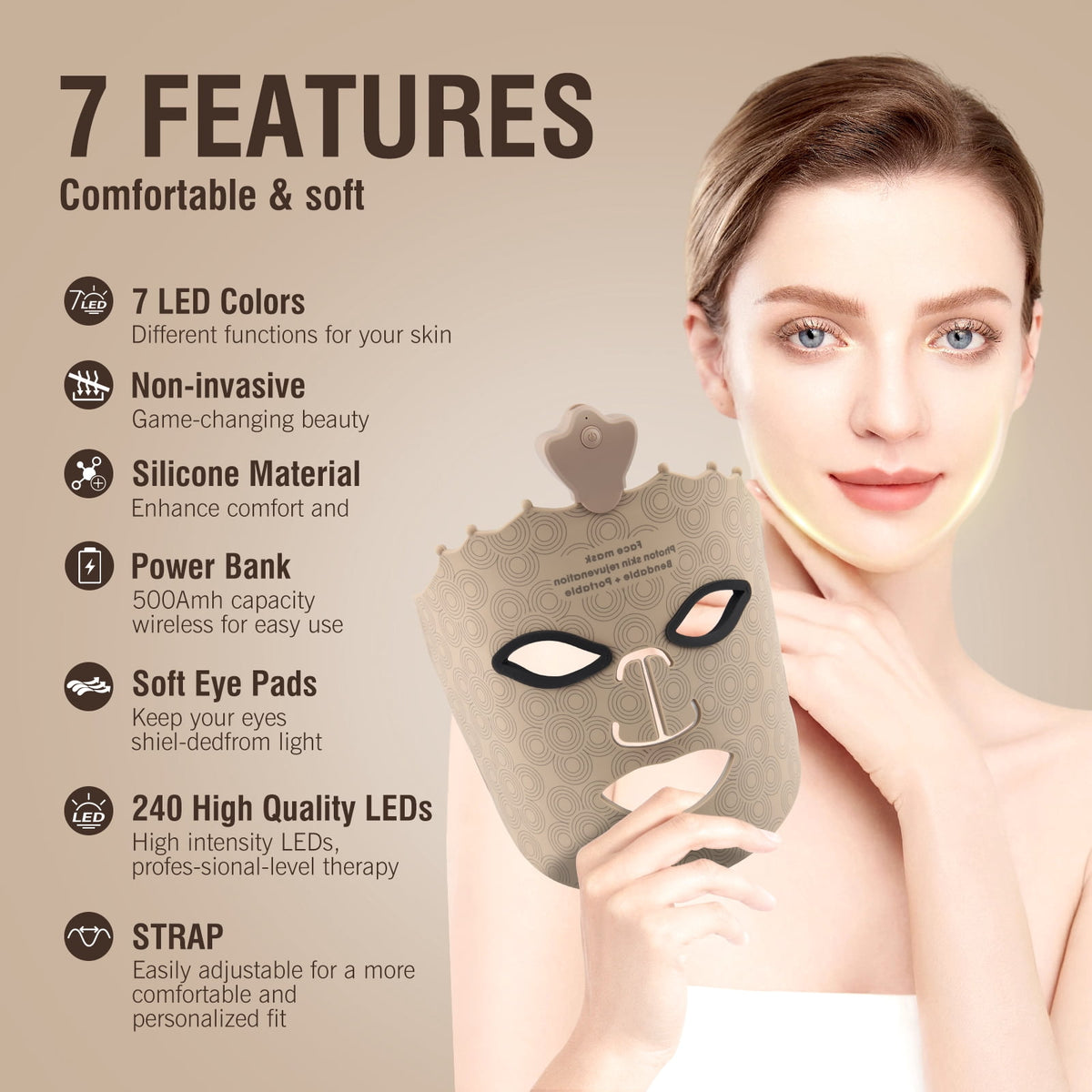 ULTREMA Red Light Therapy for Face, 7 Modes Led Face Mask Light Therapy with Remote, Portable Light Therapy Mask for Skin Care at Home, Travel (Beige) - Image 2