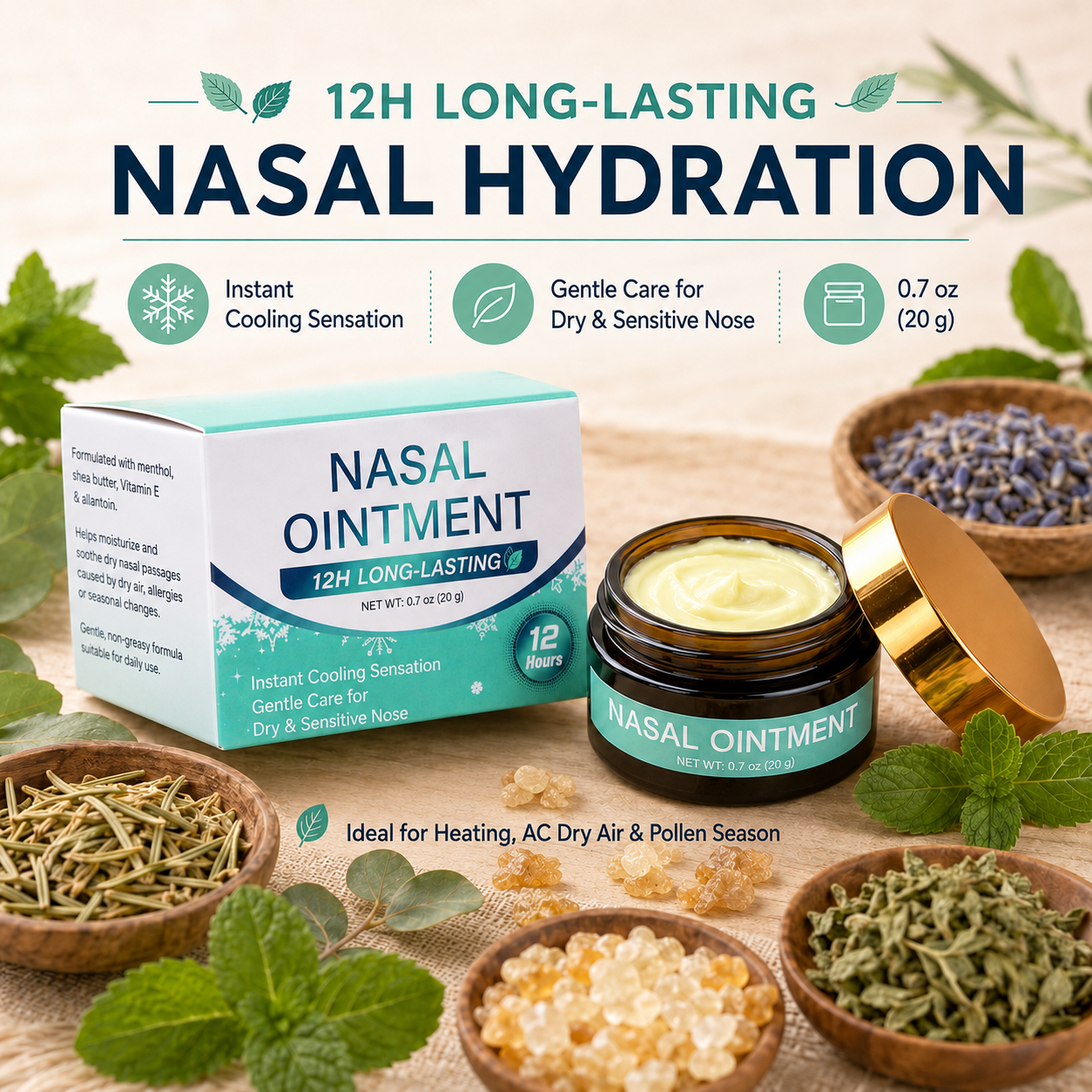 Mint Nasal Moisturizer Ointment, Up to 12-Hour Hydration, Cooling Menthol Balm for Dry & Sensitive Nose, 0.7 oz