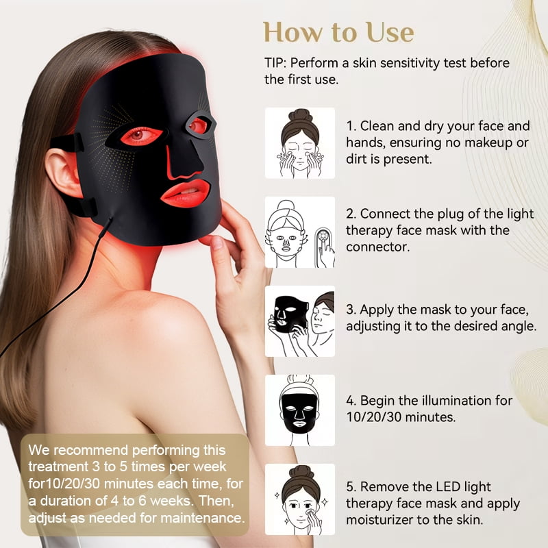Red Light Face Mask, 7 Color Light Therapy Facial Mask with 288 LEDs, Soft Silicone Skin Care Mask with Wired Controller, Eye Inserts and 5/10/15 Min Timer, Black - Image 11