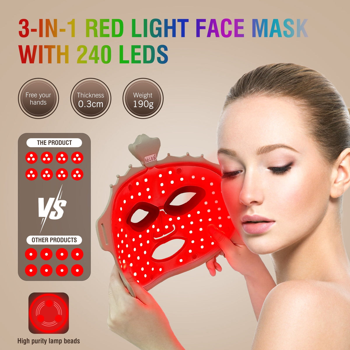 ULTREMA Red Light Therapy for Face, 7 Modes Led Face Mask Light Therapy with Remote, Portable Light Therapy Mask for Skin Care at Home, Travel (Beige) - Image 5