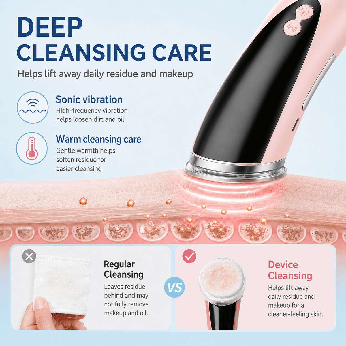 ULTREMA 4-in-1 Facial Care Device, Rechargeable Warm Facial Massager with Red & Blue Light Modes, Sonic Vibration Cleansing Tool for Face, Eye Area & Skincare Routine, Pale Pink - Image 7
