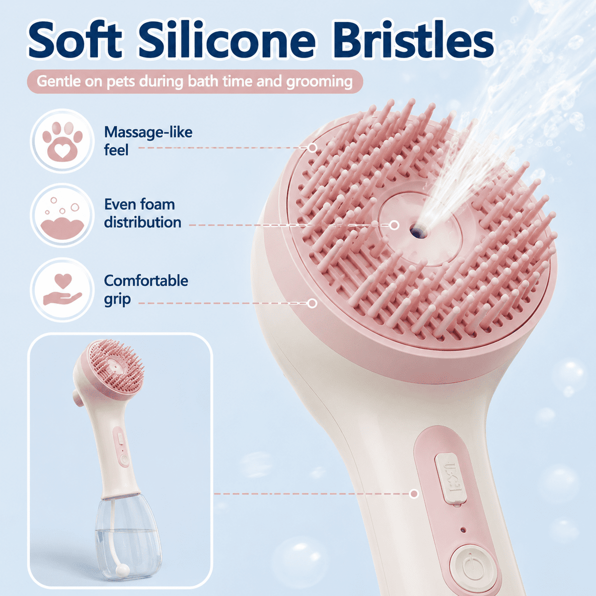 ULTREMA Pet Bath Brush with Automatic Foaming, Dog & Cat Shower Scrubber Comb, Soft Silicone Grooming Brush with Shampoo Dispenser, Handheld Pet Washer for Small Medium Large Pets - Image 4