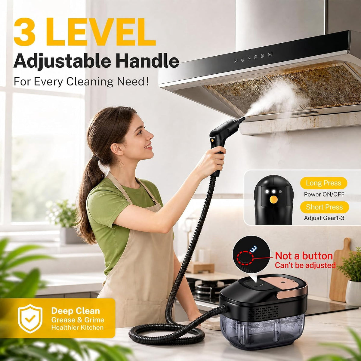 ULTREMA Handheld Steam Cleaner for Home and Car, 3-Level Adjustable Steam, 15-Second Heat-Up, 1.6L Tank, 10 Accessories for Tile, Grout, Furniture and Car Detailing, Black Rose Gold - Image 2
