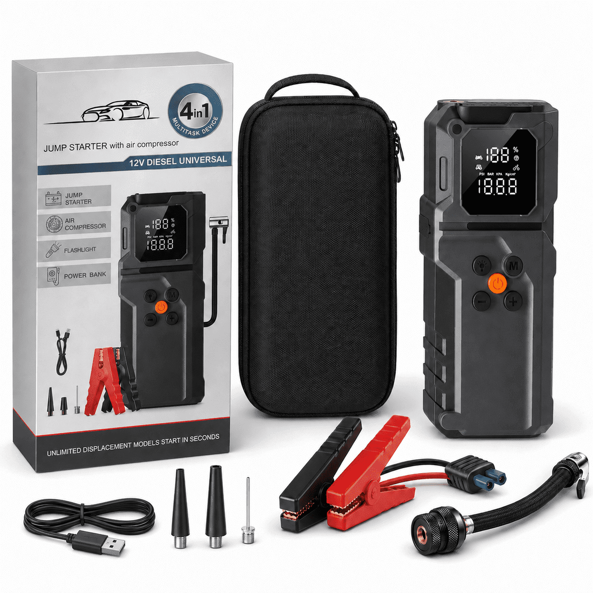 ULTREMA Portable Car Jump Starter with Air Compressor, 8000mAh 12V Auto Battery Booster Pack & Tire Inflator, 4-in-1 Jump Box, Power Bank & LED Light for Gas Engines, Motorcycle