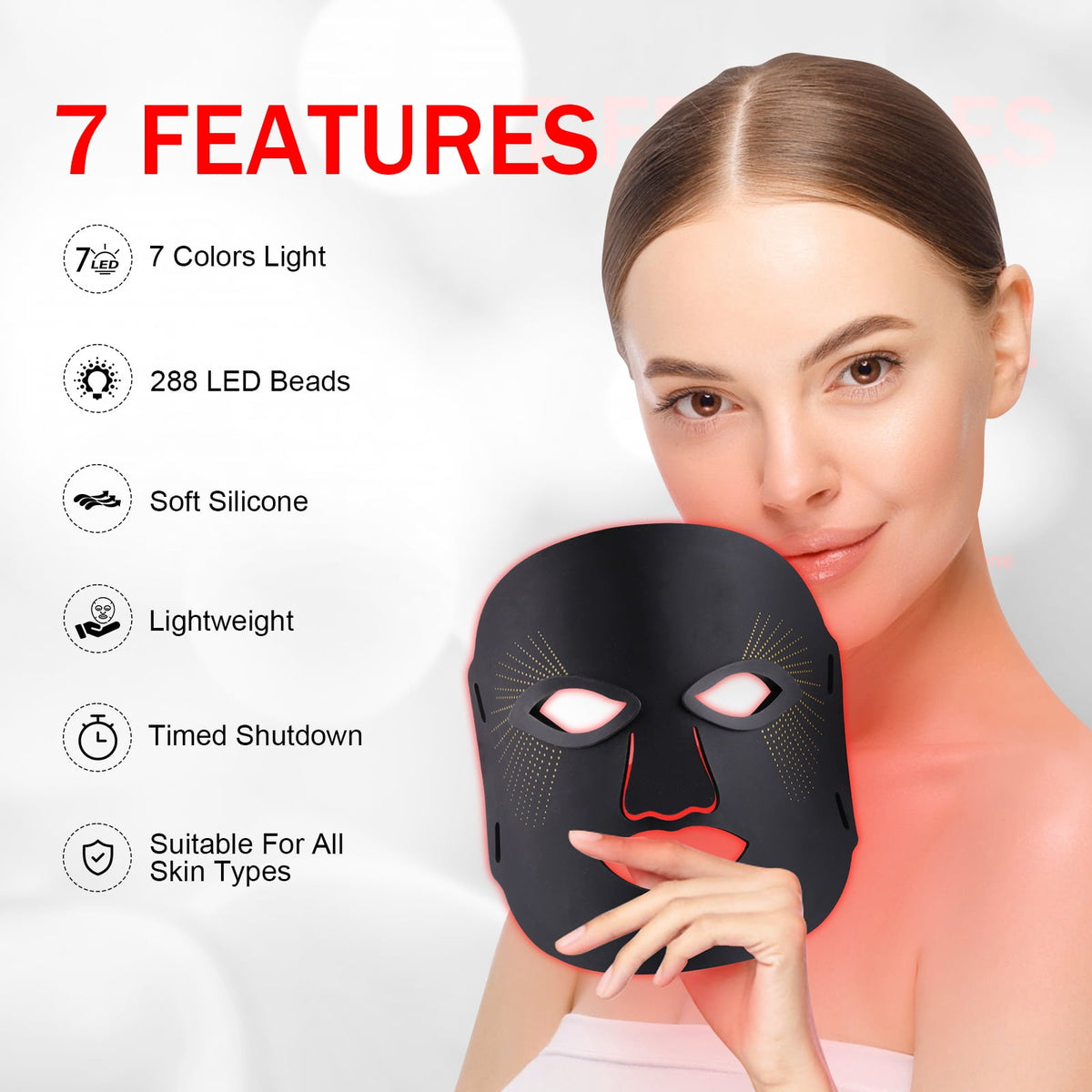 ULTREMA LED Face Mask, 7 Color Light Therapy Facial Mask with 288 LEDs, Soft Silicone Skin Care Mask with Wired Controller, Eye Inserts and 5/10/15 Min Timer, Black - Image 4