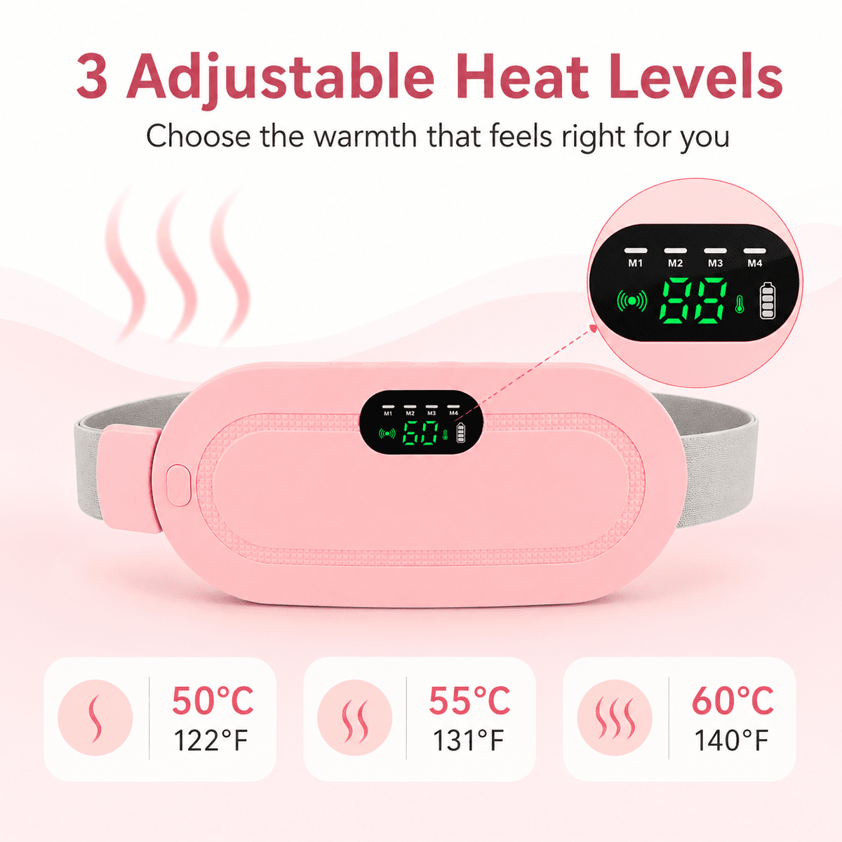 ULTREMA Portable Wearable Heating Pad for Belly, Back & Waist, 3 Heat Settings, 4 Vibration Massage Modes, Adjustable Warming Belt for Women, Pink - Image 6