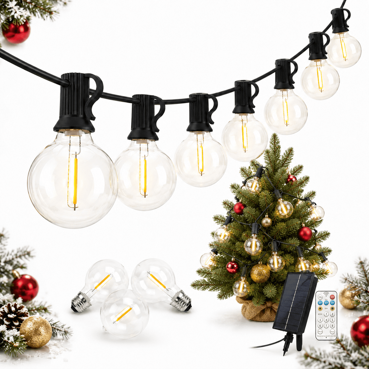 ULTREMA Solar String Lights Outdoor, 29.5FT 15 Bulbs,Patio Lights with Remote, 8 Modes, Warm White, IP44, Christmas Decor