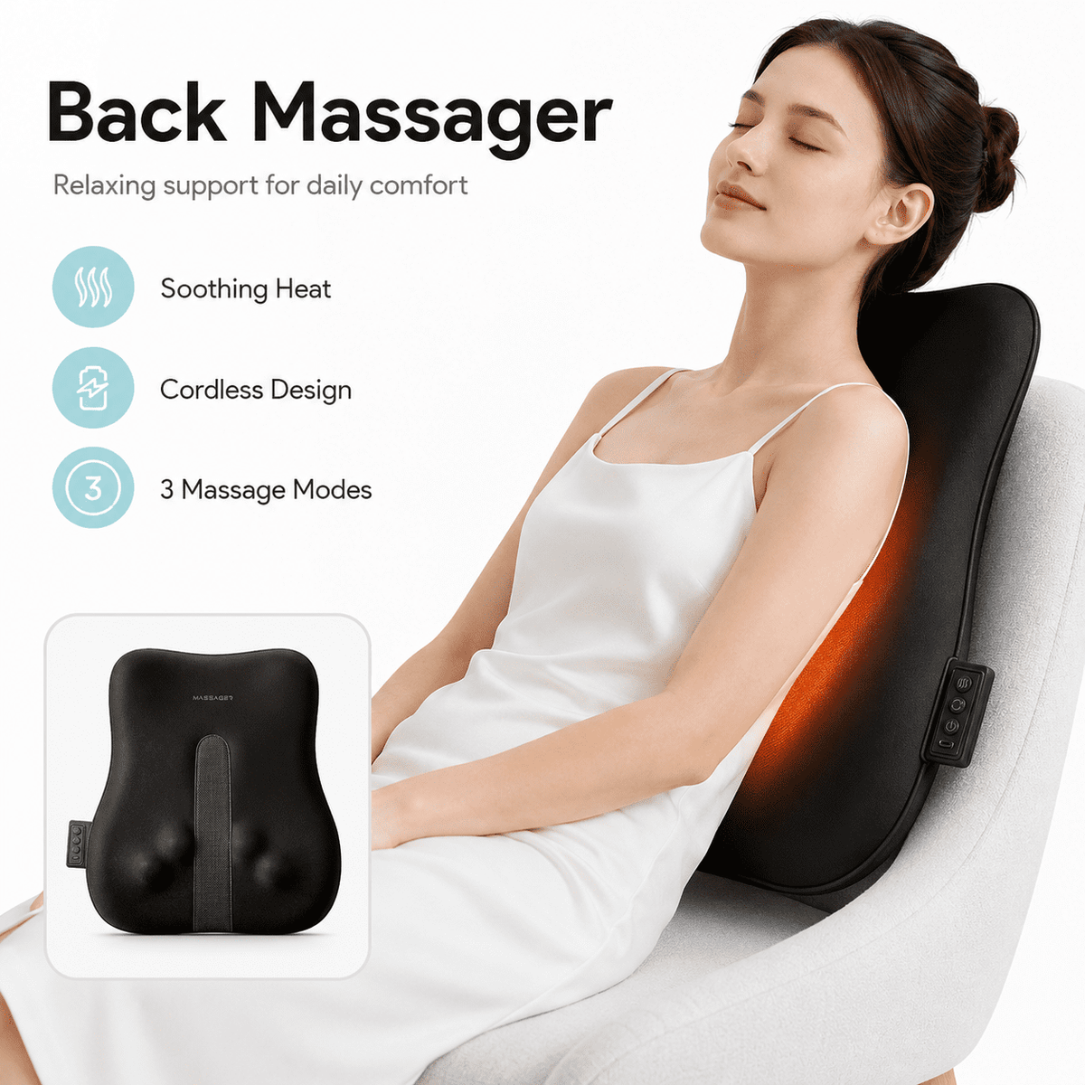 ULTREMA Cordless Back Massager with Heat, 3 Massage Modes, 42 cm Rolling Track, Rechargeable Lumbar Massage Cushion for Home and Office, Black - Image 2