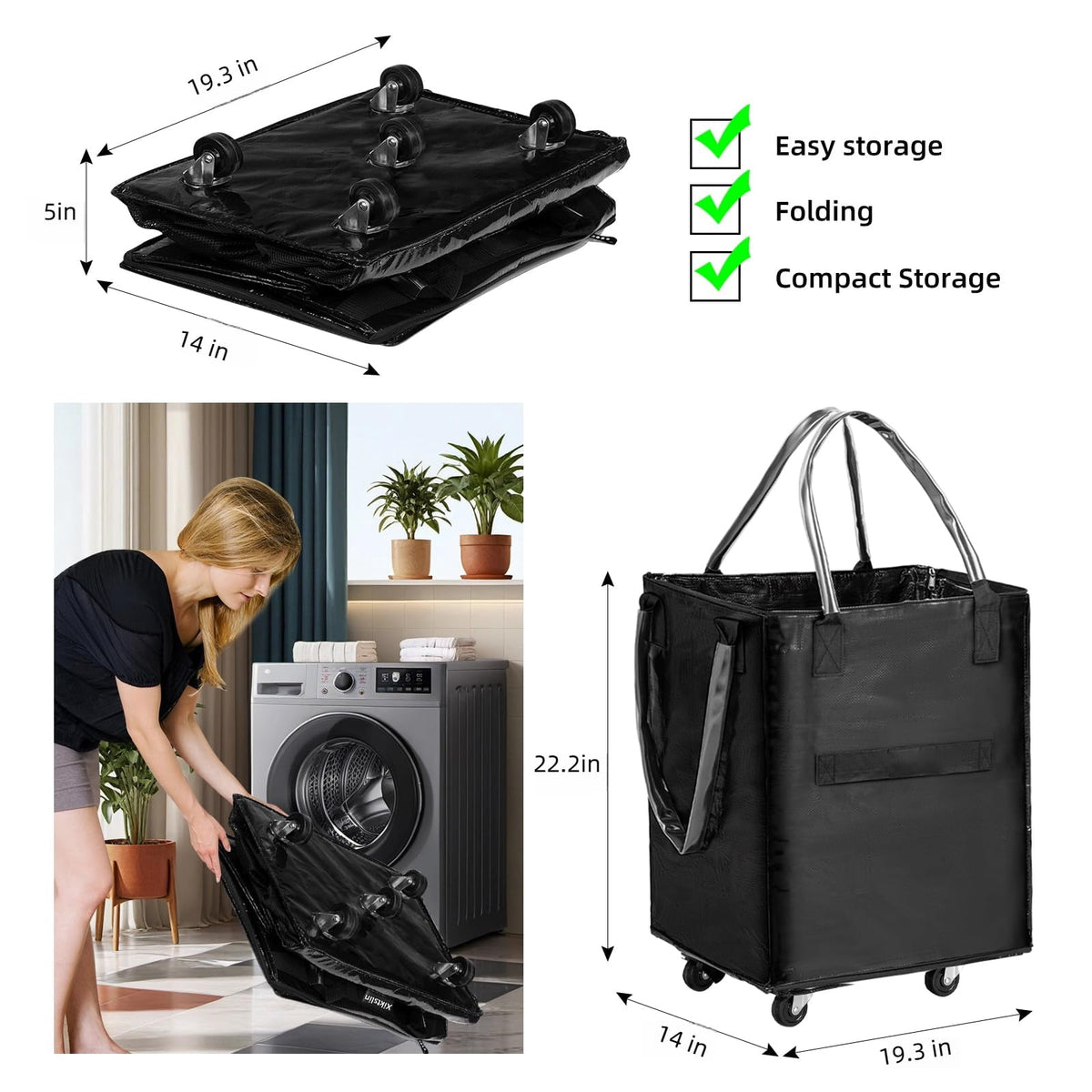 ULTREMA 100L Rolling Laundry Basket with Wheels, Heavy Duty Foldable Utility Tote Bag, Collapsible Laundry Hamper with Handles, Black - Image 10
